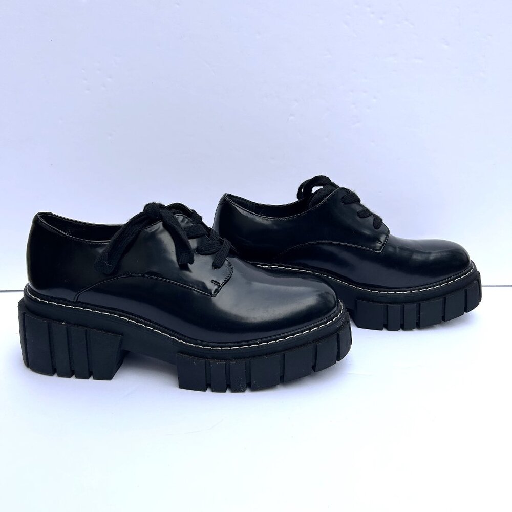 Steve Madden Delaney Platform Loafers Lace Up Lug Soles Black Patent Leather Sz8